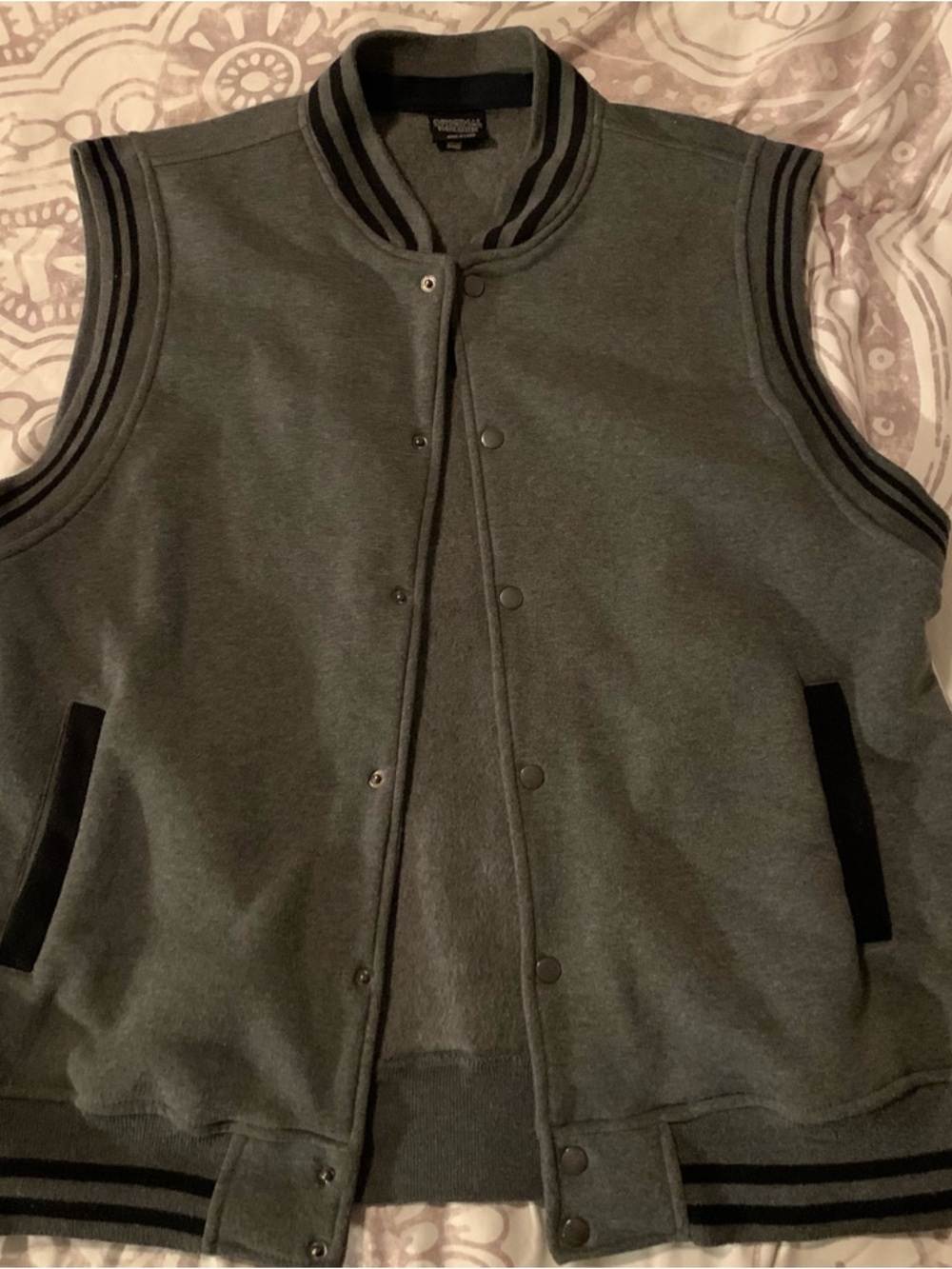 Grey Sleeveless Varsity Jacket with Black Trim